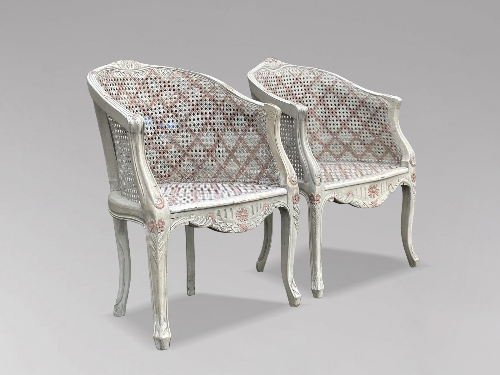 Pair Of French Louis XV Style Painted And Cane Bergère Armchairs photo buy