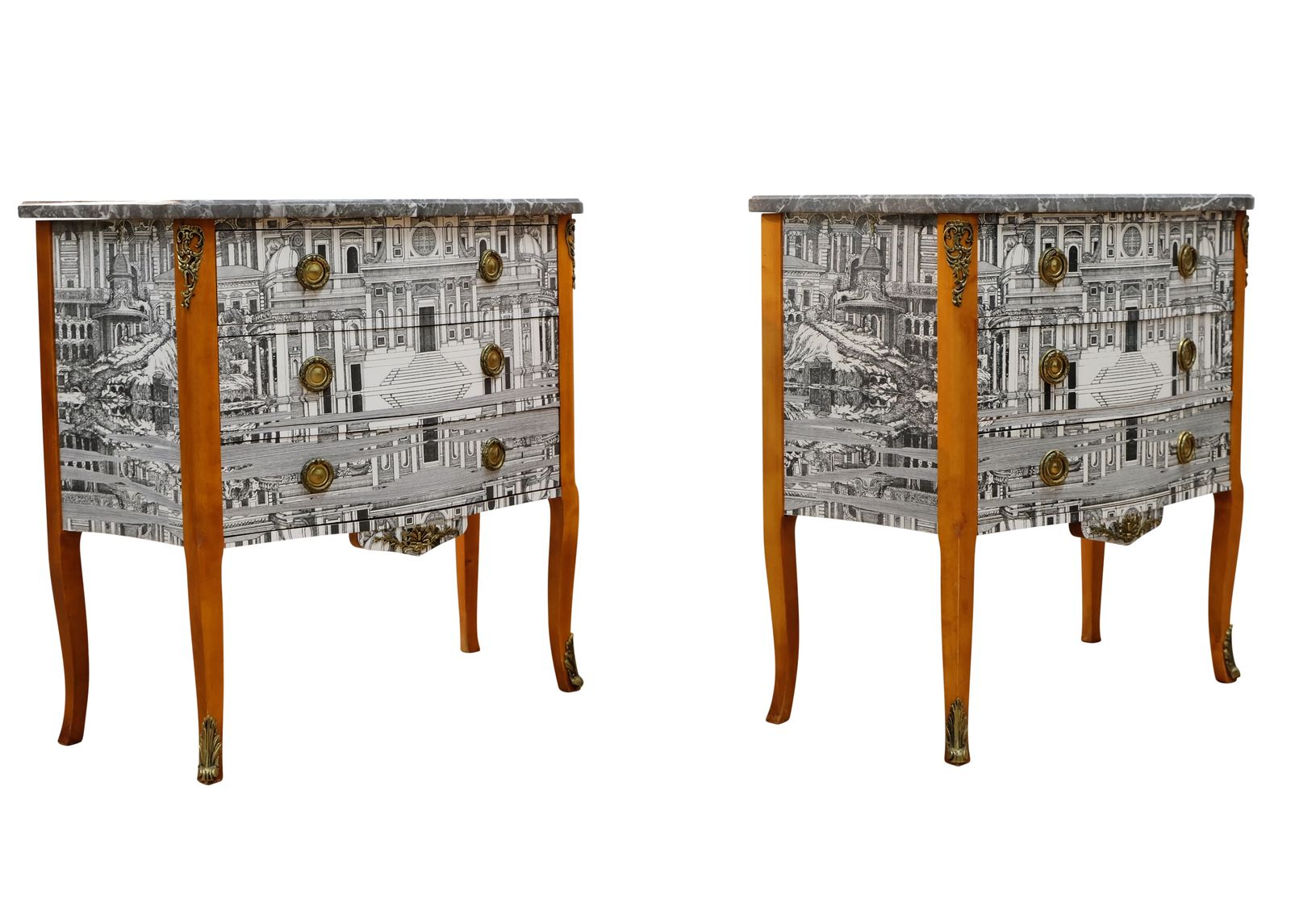 Pair Of Louis XV Style Chest With Fornasetti Pattern Of Ancient Rome And Grey Marble Top photo furniture