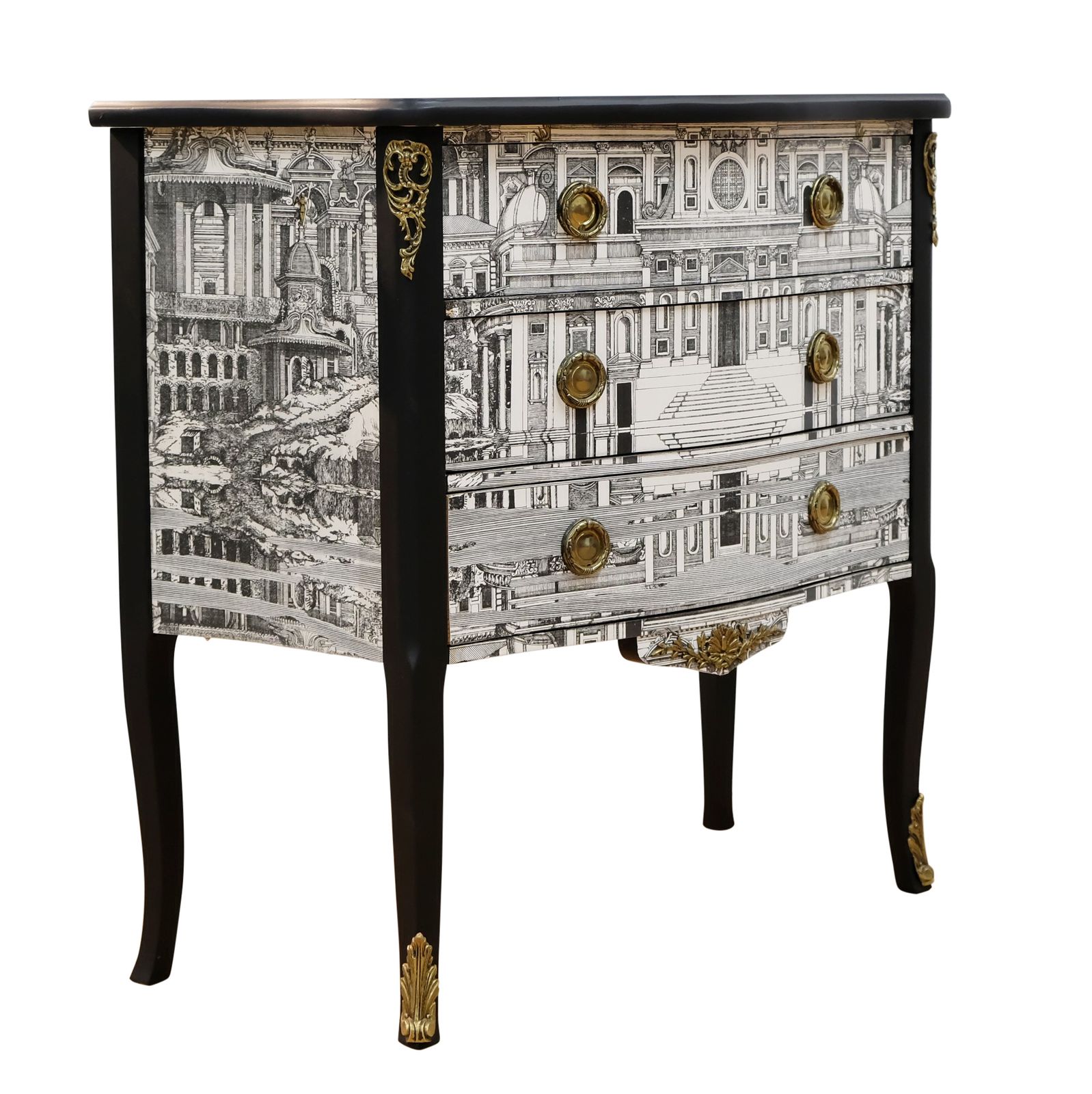 Louis XV Style Chest With Fornasetti Pattern Of Ancient Rome And Black Marble Top photo furniture