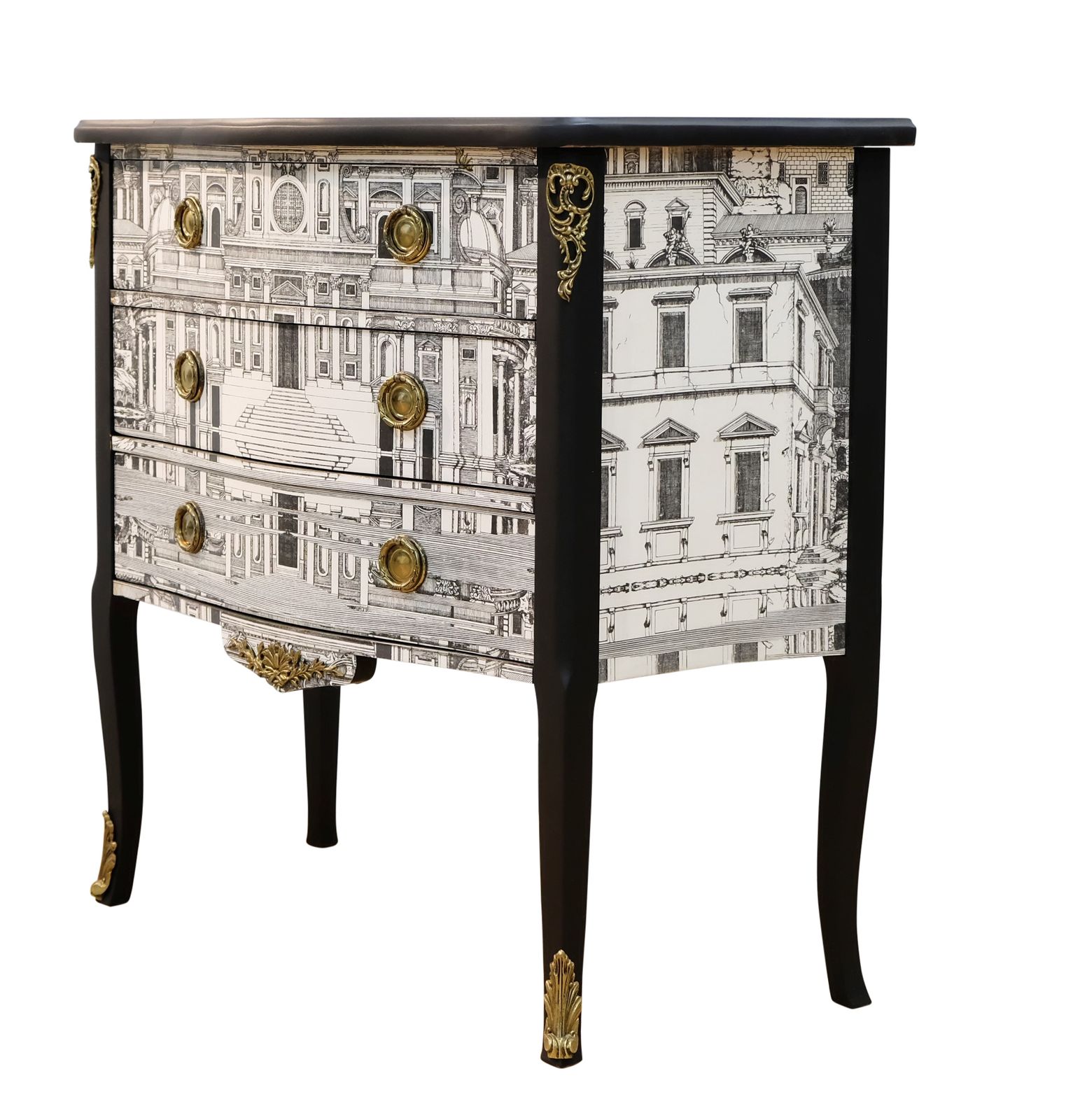 Louis XV Style Chest With Fornasetti Pattern Of Ancient Rome And Black Marble Top photo for sale