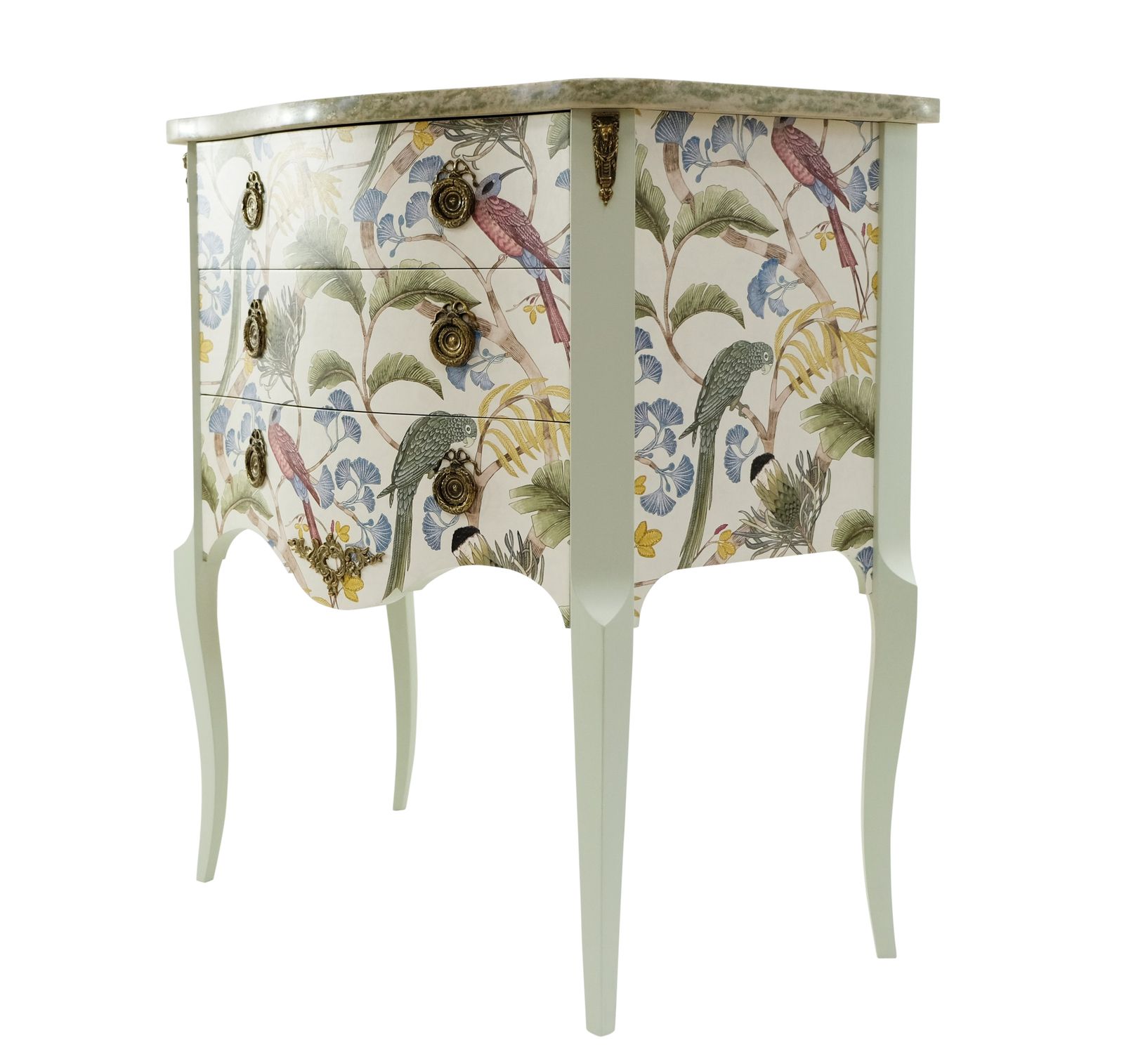 Gustavian Style Commode In Antique White With Exotic Birds Design And Marble Top photo Furniture