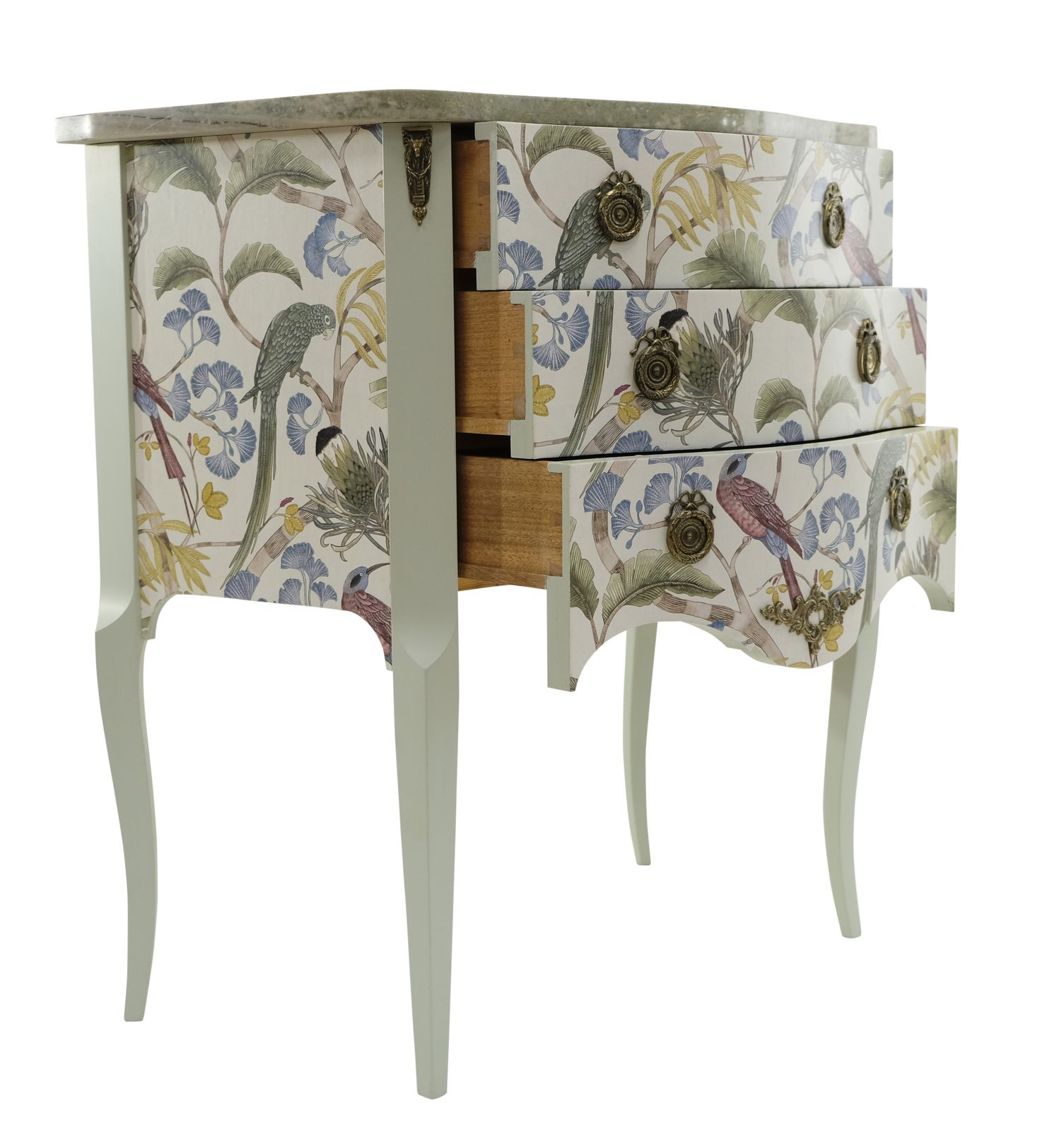 Gustavian Style Commode In Antique White With Exotic Birds Design And Marble Top photo 1400.0