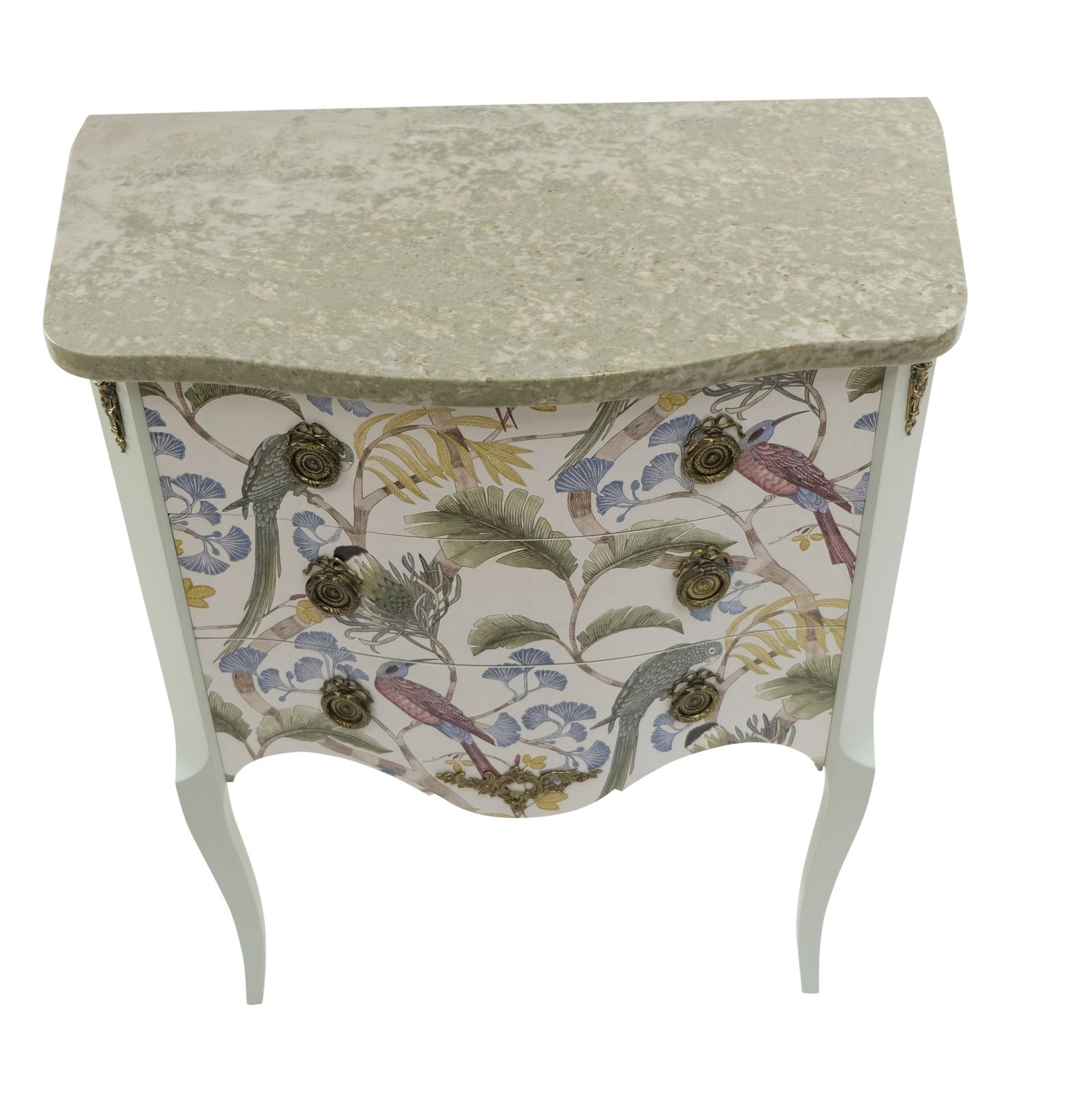 Gustavian Style Commode In Antique White With Exotic Birds Design And Marble Top photo buy