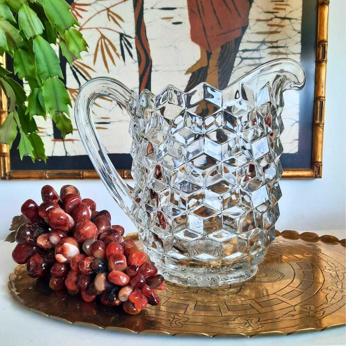 Large Fostoria American Clear Glass Pitcher Jug 8'' Tall 2 Litres, Granma Chic Large Cubes Pitcher photo 60.0
