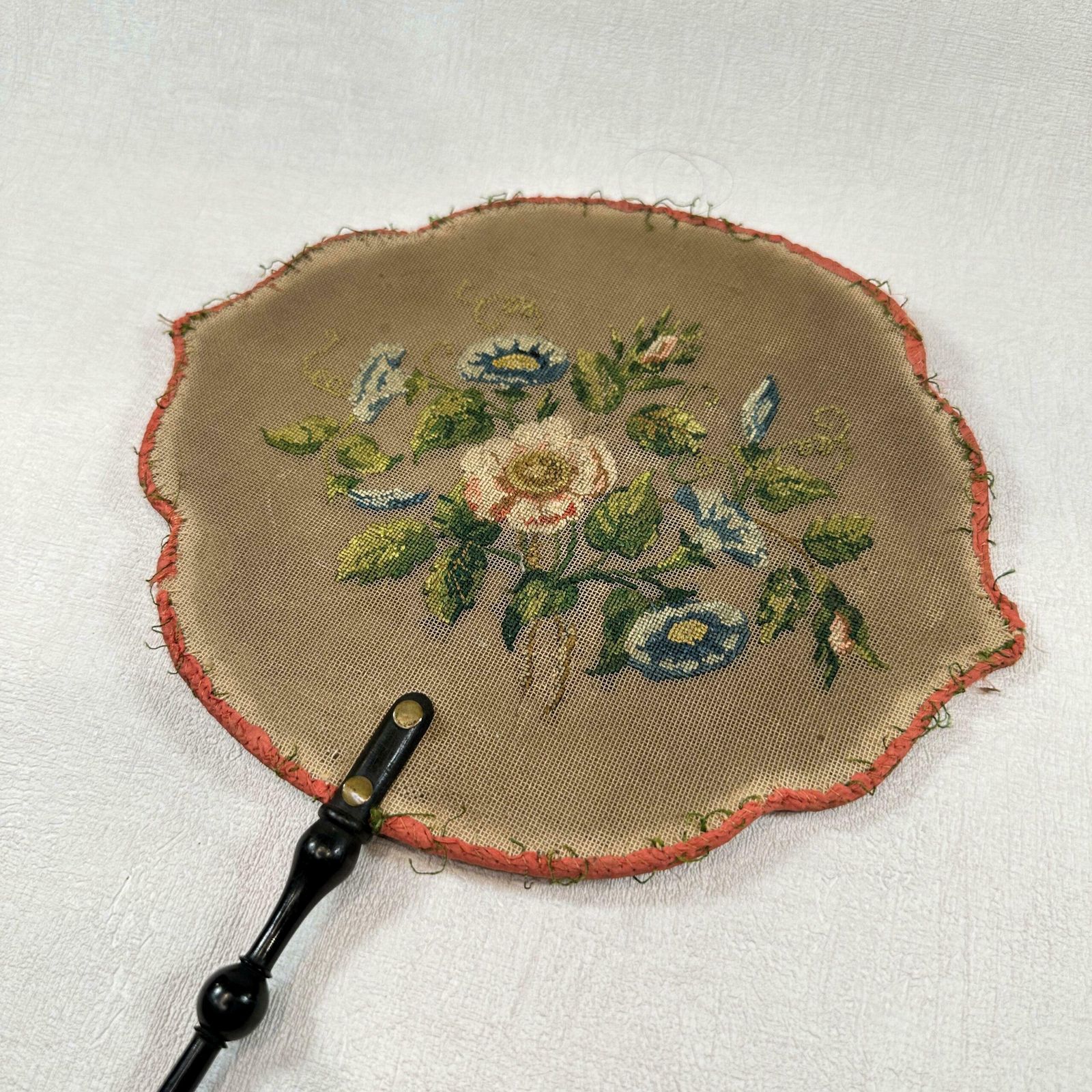 Antique Victorian Fire Screen Hand Embroidered Floral Parlour Fan 1800s photo furniture