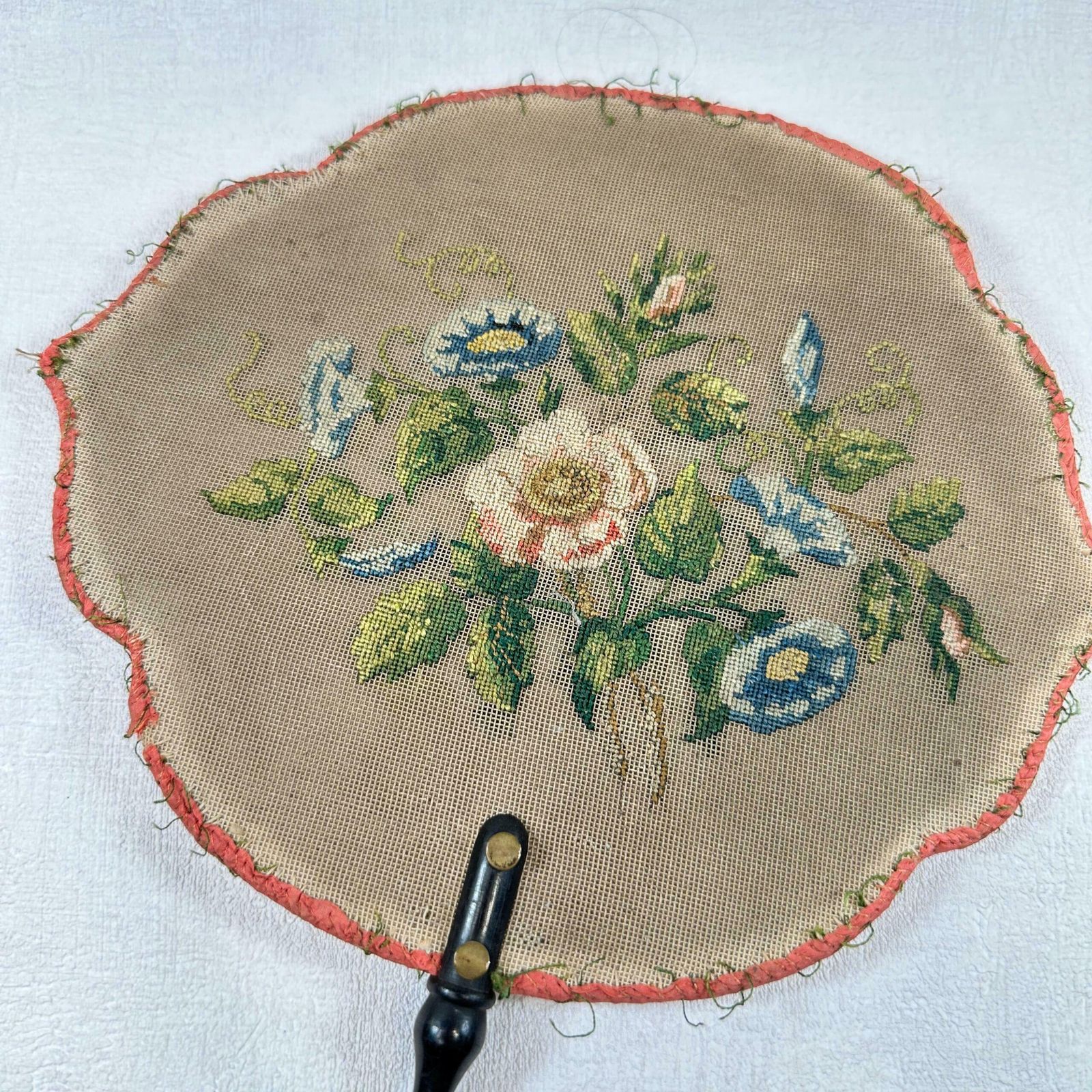 Antique Victorian Fire Screen Hand Embroidered Floral Parlour Fan 1800s photo Art