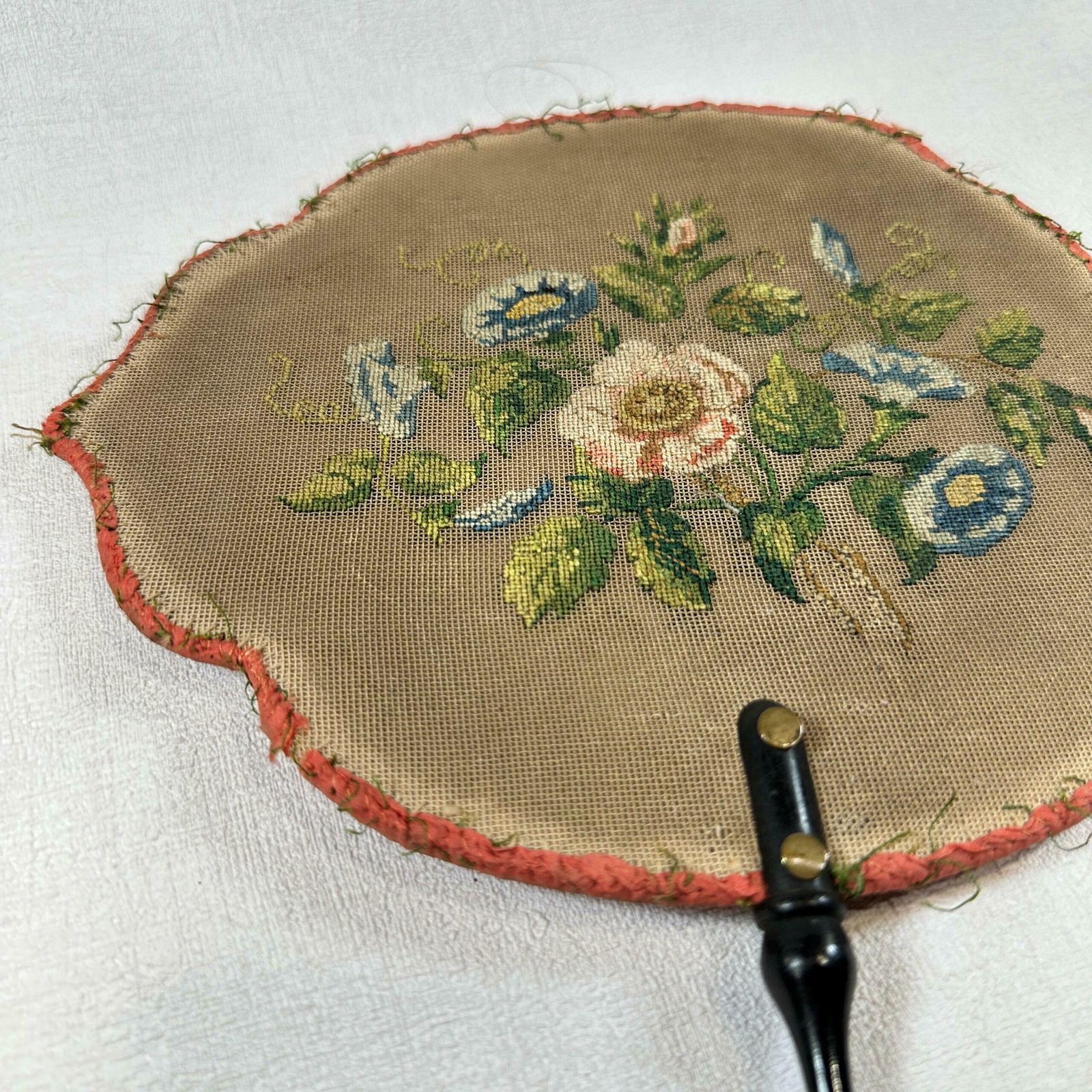Antique Victorian Fire Screen Hand Embroidered Floral Parlour Fan 1800s photo vintage