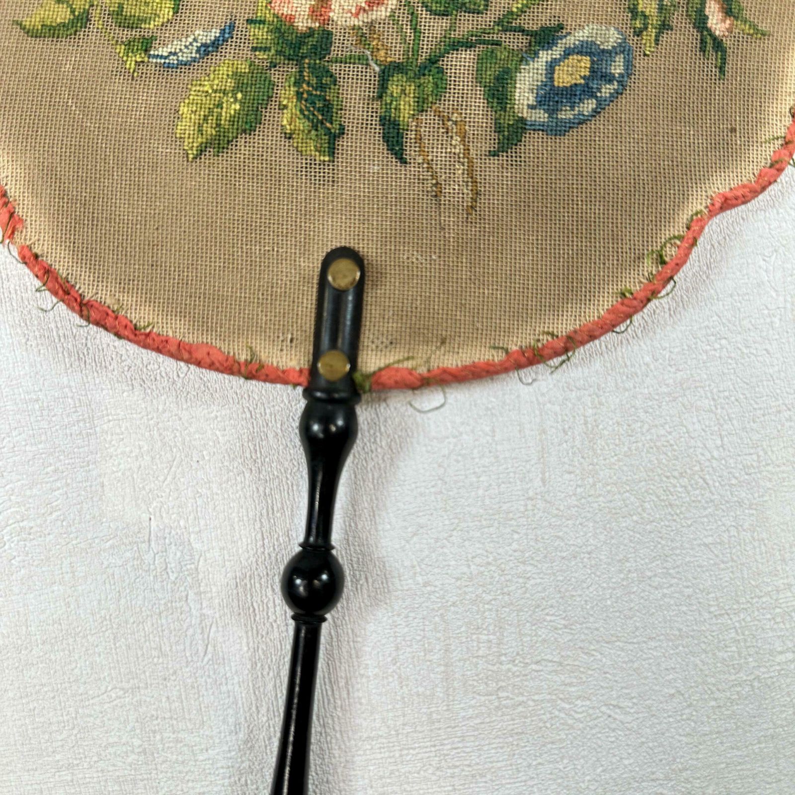 photo furniture Antique Victorian Fire Screen Hand Embroidered Floral Parlour Fan 1800s
