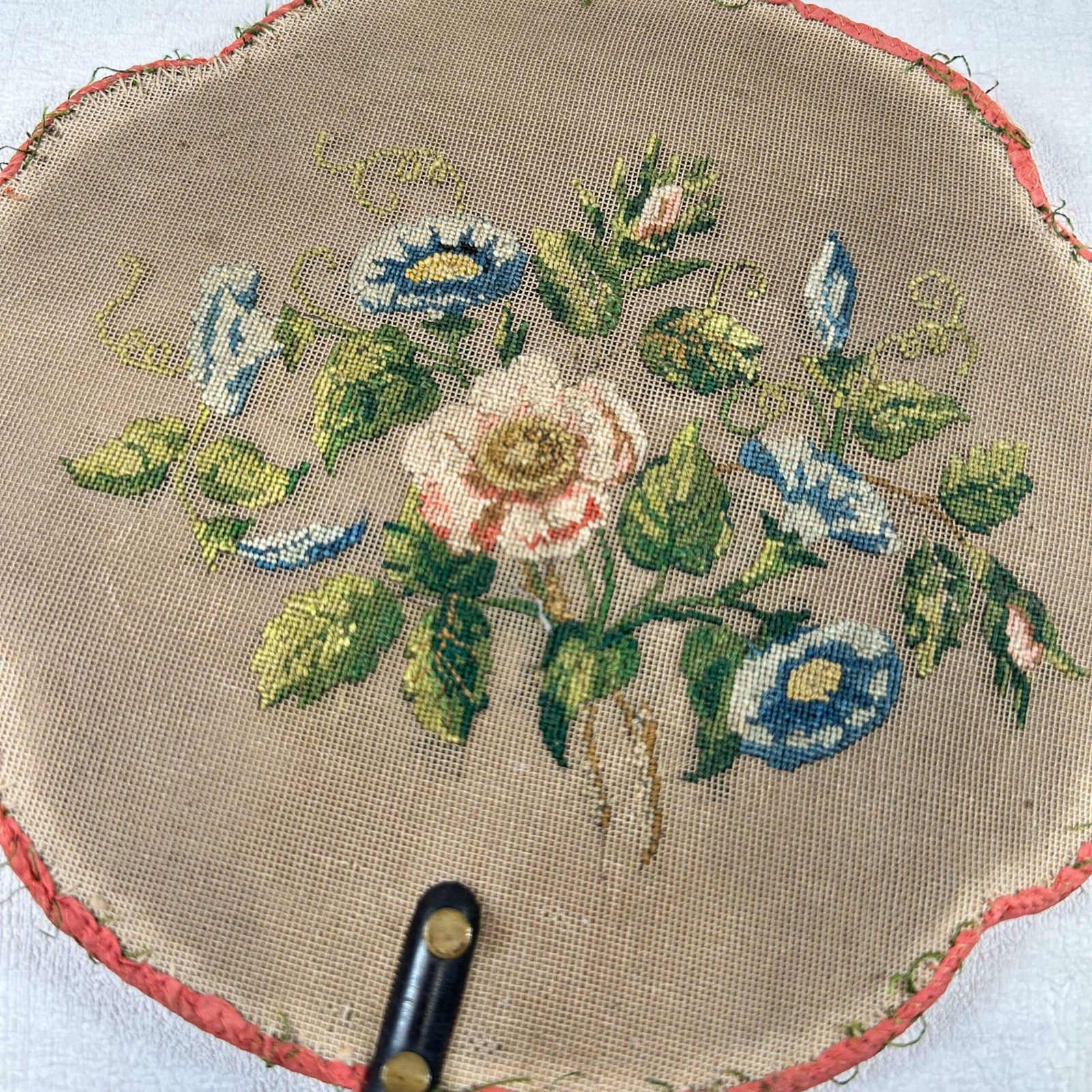 photo for sale Antique Victorian Fire Screen Hand Embroidered Floral Parlour Fan 1800s