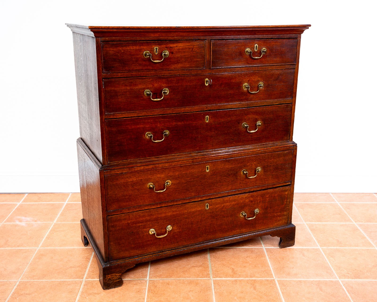 Georgian Oak Chest On Chest Of Drawers 1750 Antiqu.E Storage Country House Commode Tallboy Farmhouse Rusti.C Six Drawers Brass George II