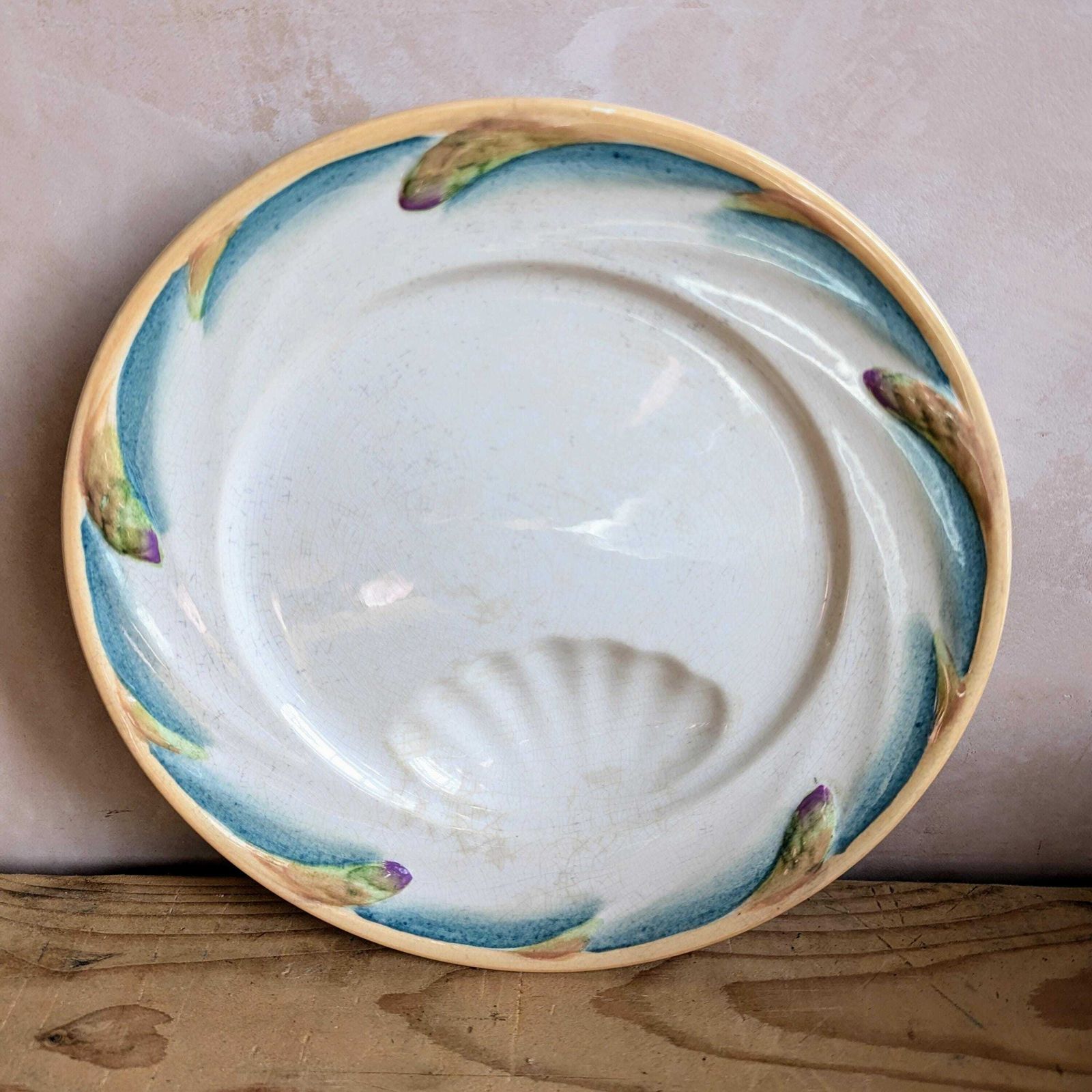 Antique French Majolica Asparagus Plates   6 X Antique Hand Painted Sarreguemines Asparagus Plates C1900 photo vinterior