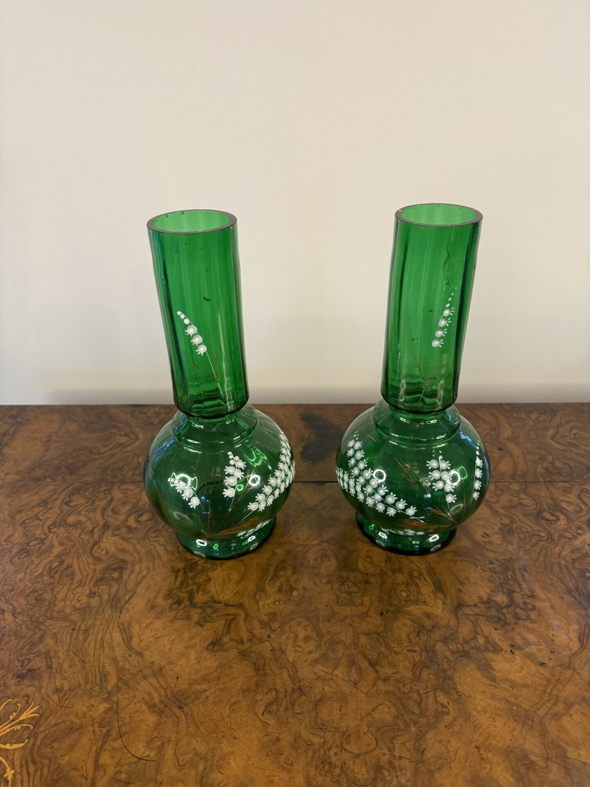 Fine Quality Pair Of Antique Green Glass Shaped Vases photo furniture