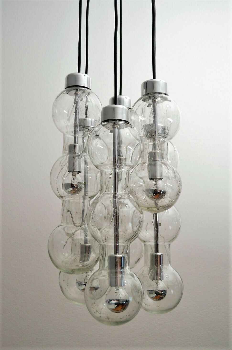 German Bubble Ice Glass And Chrome Cascade Chandelier Or Pendant Lamp By Doria, 1980