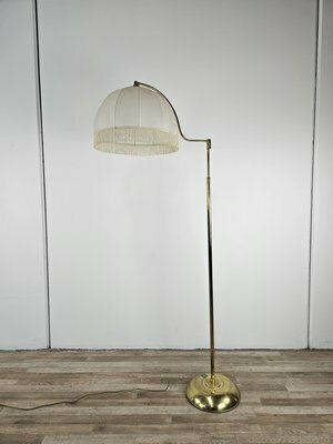 Golden Metal Reading Floor Lamp With Adjustable Arm And Fabric Lampshade, 1970