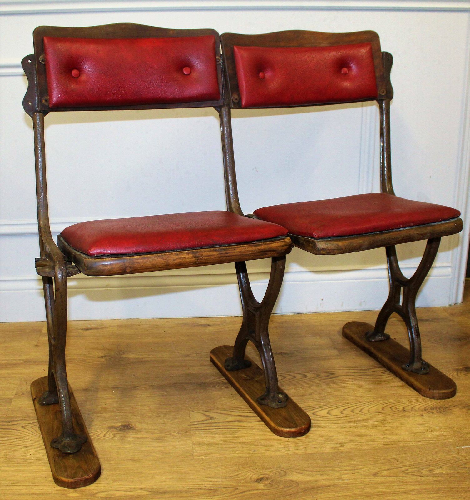 Vintage Two Seater Folding Theatre Cinema Chairs Antique Industrial Retro Hall Hallway Opera Stacking Art Deco
