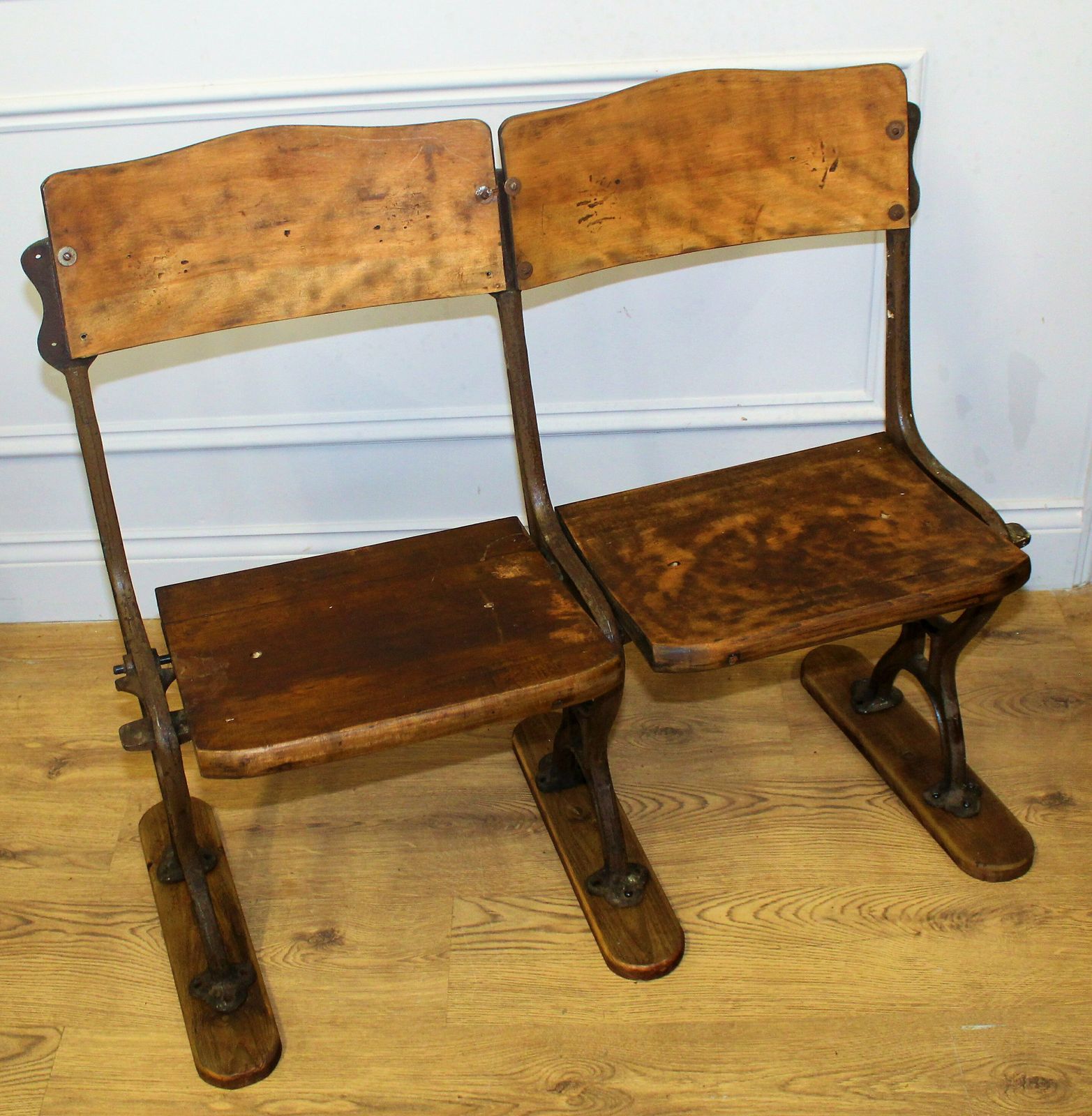Vintage Two Seater Folding Theatre Cinema Chairs Antique Industrial Retro Hall Hallway Opera Stacking Art Deco photo for sale