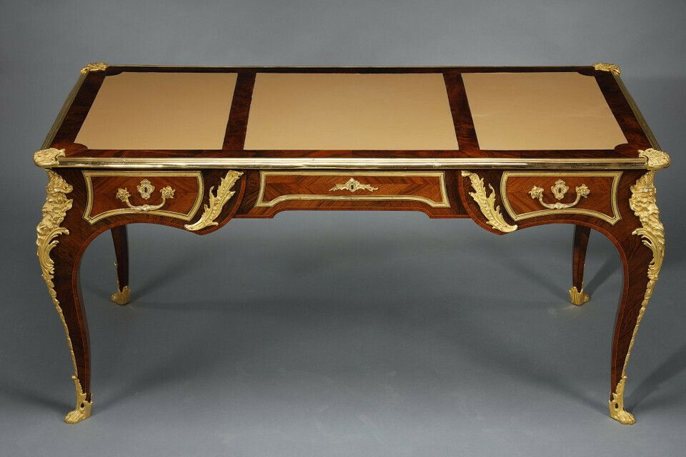 Louis XV Style Flat Desk In Marquetry And Rich Gilt Bronze Mountings photo for sale