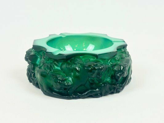 Bohemian Art Deco Malachite Glass Panthers Ashtray Attributed To Heinrich Hoffmann, 1940s