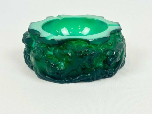 Bohemian Art Deco Malachite Glass Panthers Ashtray Attributed To Heinrich Hoffmann, 1940s photo Home Decor