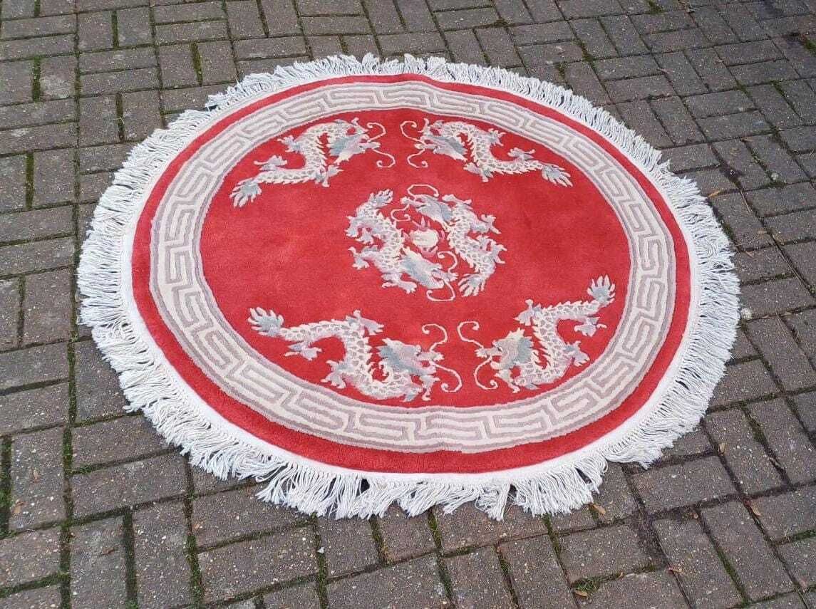 Vintage Round Chinese Woollen Red Rug, Dragons, Oriental Pattern And Fringe, Good Condition 144cm Diameter