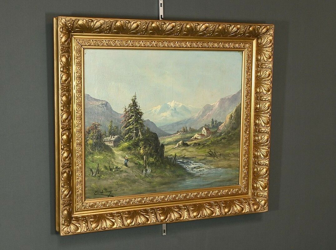 Oil On Canvas “Mountain Landscape” Signed C. Lion – Late 19th Century photo furniture