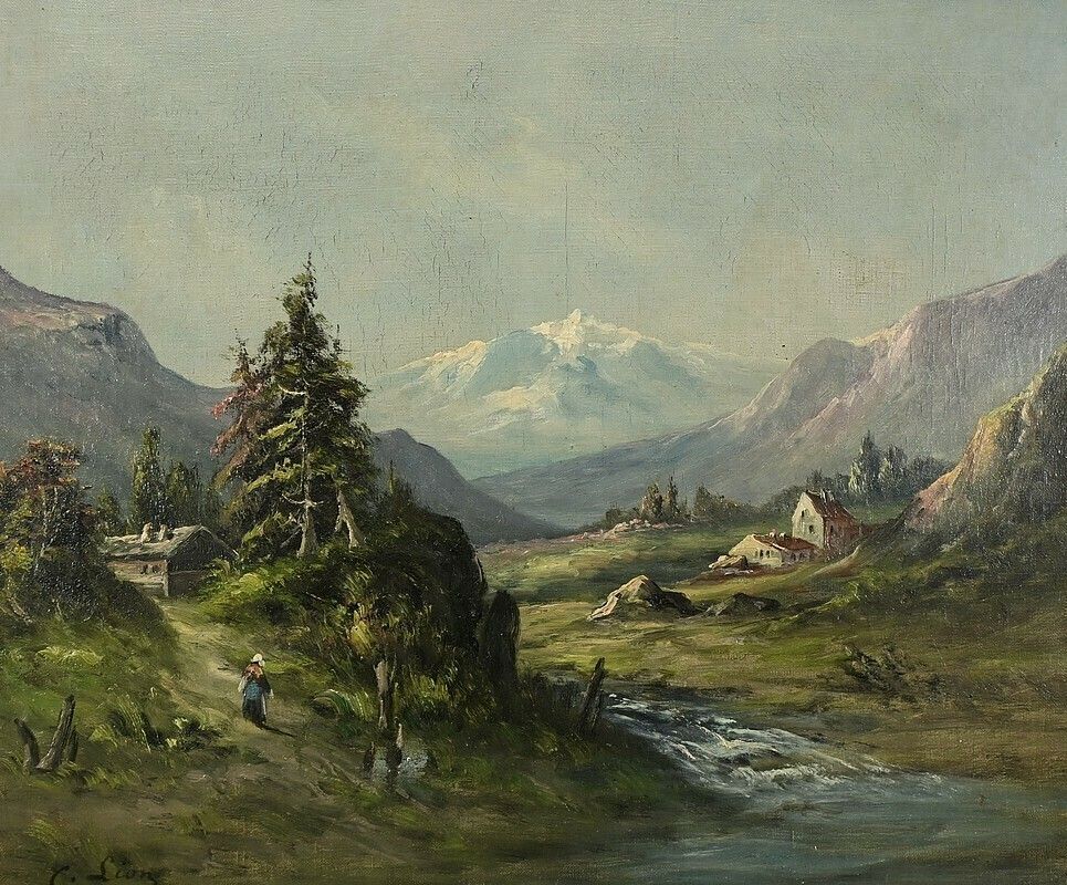 Oil On Canvas “Mountain Landscape” Signed C. Lion – Late 19th Century photo 860.0