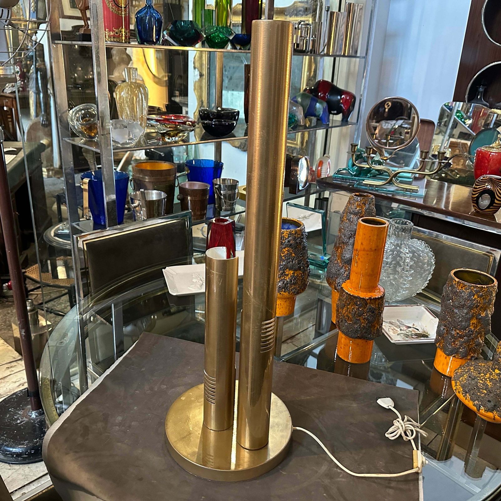 1970s Gio Ponti Style Mid Century Modern Gilded Metal Italian Table Lamp photo furniture
