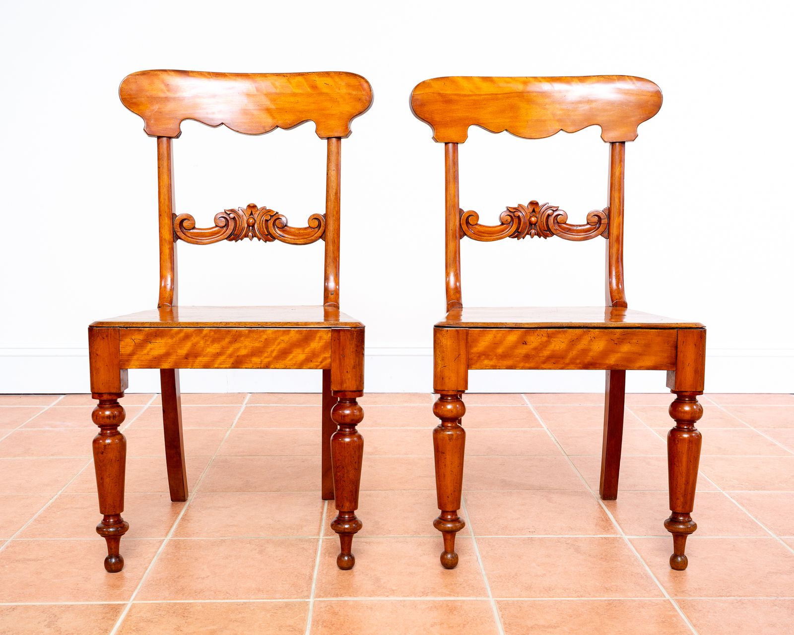 Pair Of Swedish Biedermeier Hall Chairs Satin Birch Karl Johan Fine Antique Empire Chairs Gustavian Country House photo for sale