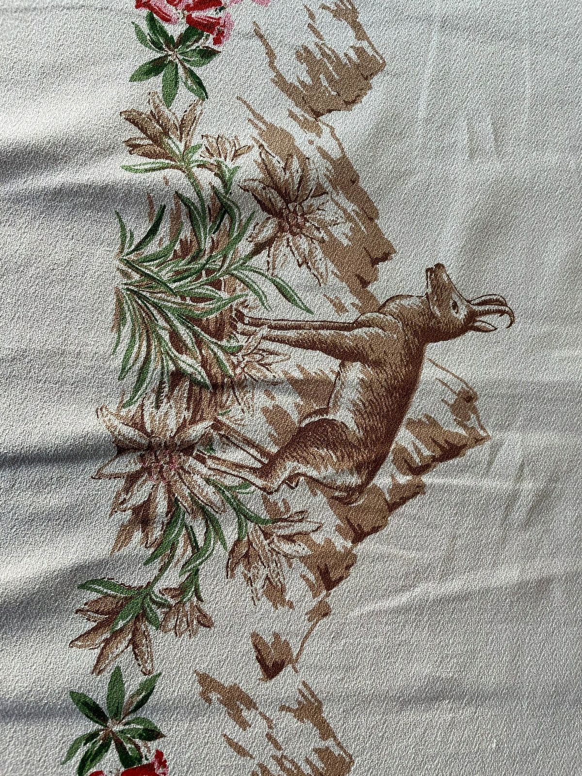 Vintage Swiss Alpine Print Tablecloth With Edelweiss And Gentian Flowers, Goat, Matterhorn, Swiss Chalet   Large Beige Barkcloth Tablecloth photo furniture