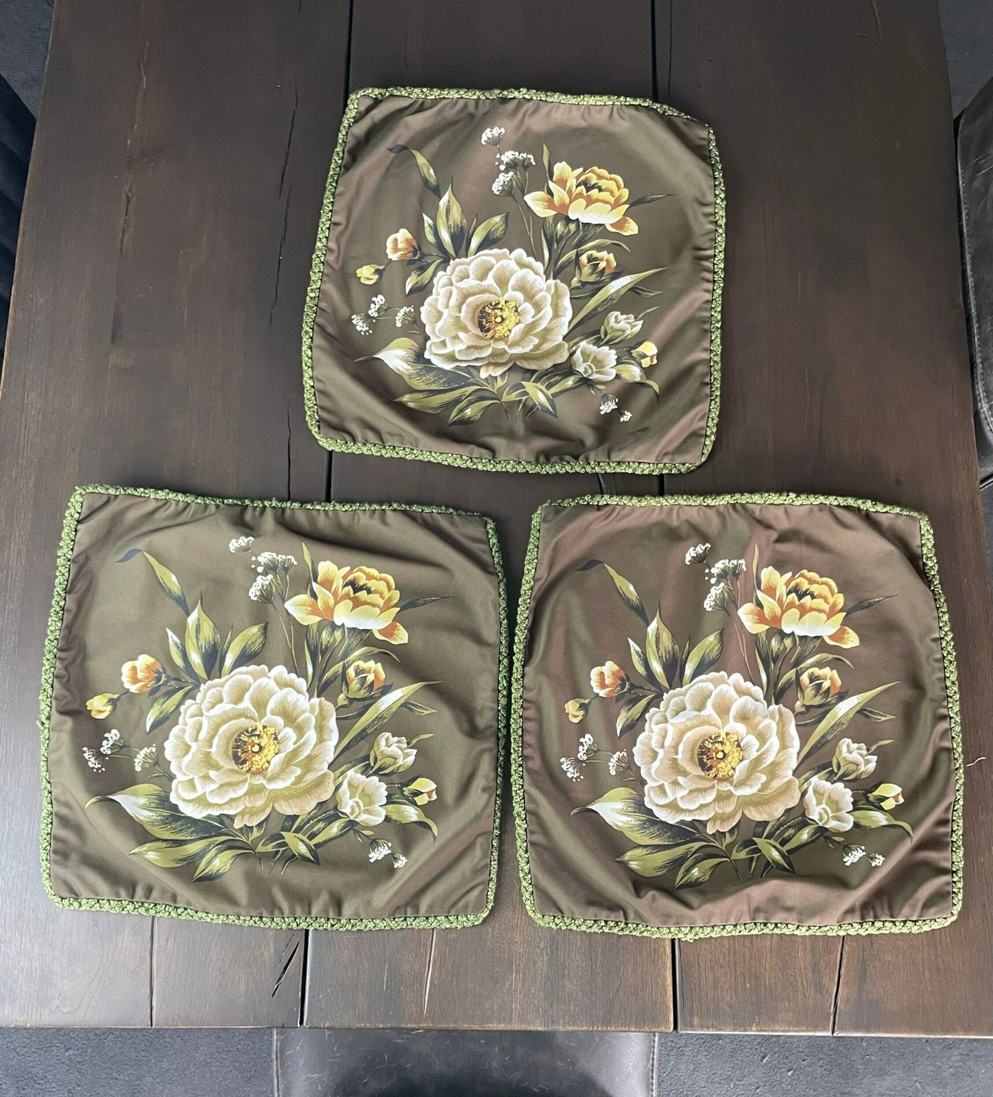 Olive Green Square Cushion Covers With Bold Rose Flower Print   Vintage Seventies Aesthetic Scatter Cushion Covers Set Of Three