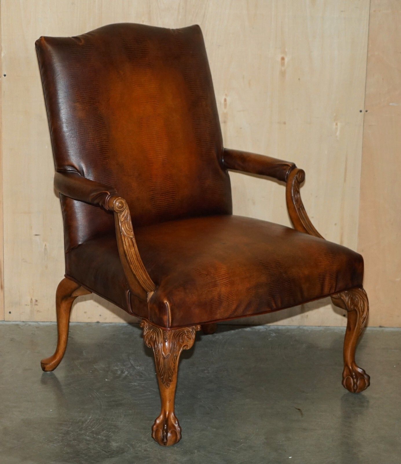 Pair Of Councill USA Brown Crocodile Alligator Leather Claw & Ball Armchairs photo for sale