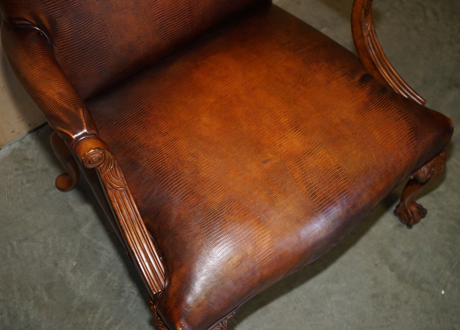 Pair Of Councill USA Brown Crocodile Alligator Leather Claw & Ball Armchairs photo buy