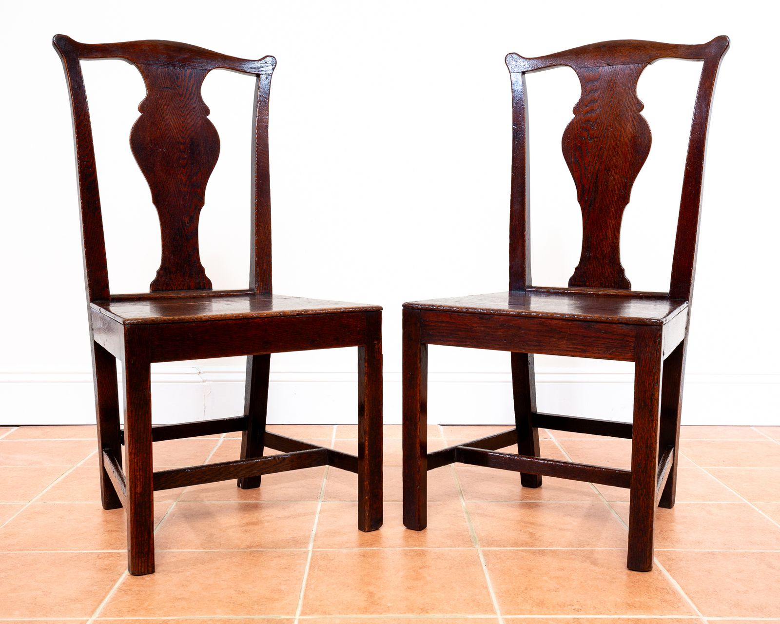 Georgian Oak Country Dining Chairs 1780 Pair Antiqu.E Welsh Vase Back Hall Chairs Chippendale Style Country House Farmhouse Occasional Chairs photo furniture