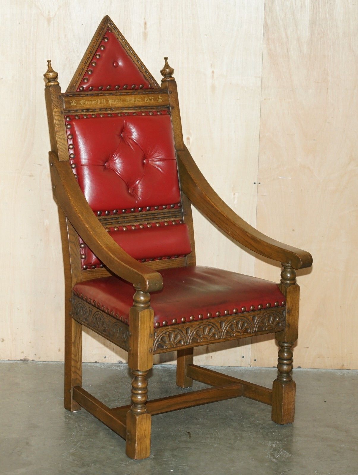 Original Elizabeth II Silver Jubilee Throne Armchair English Oxblood Oak Leather photo furniture