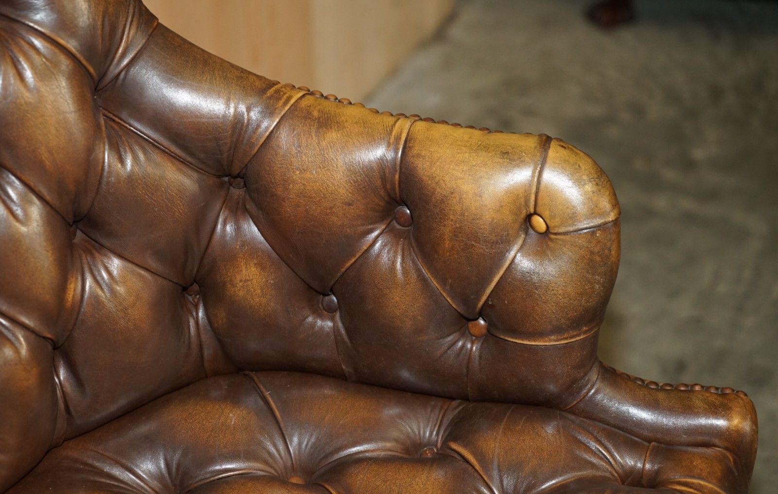 Vintage Aged Brown Leather Director's Captains Office Chesterfield Armchair photo vintage