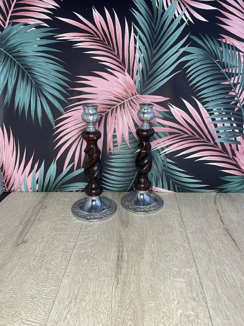 Art Deco Chrome And Wood Candlesticks   Vintage Candlesticks With Barley Twist And Oak Leaf Pattern
