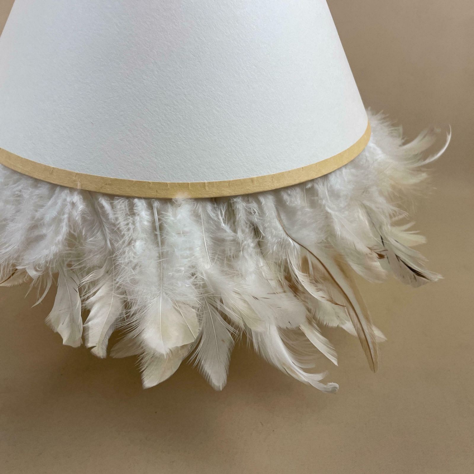 Feather Fringe Edge Detail Cone Lamp Shade Cream Lampshade Lightshade Light Natural Beige Bedside Classic Ribbon Handmade Unique photo for sale