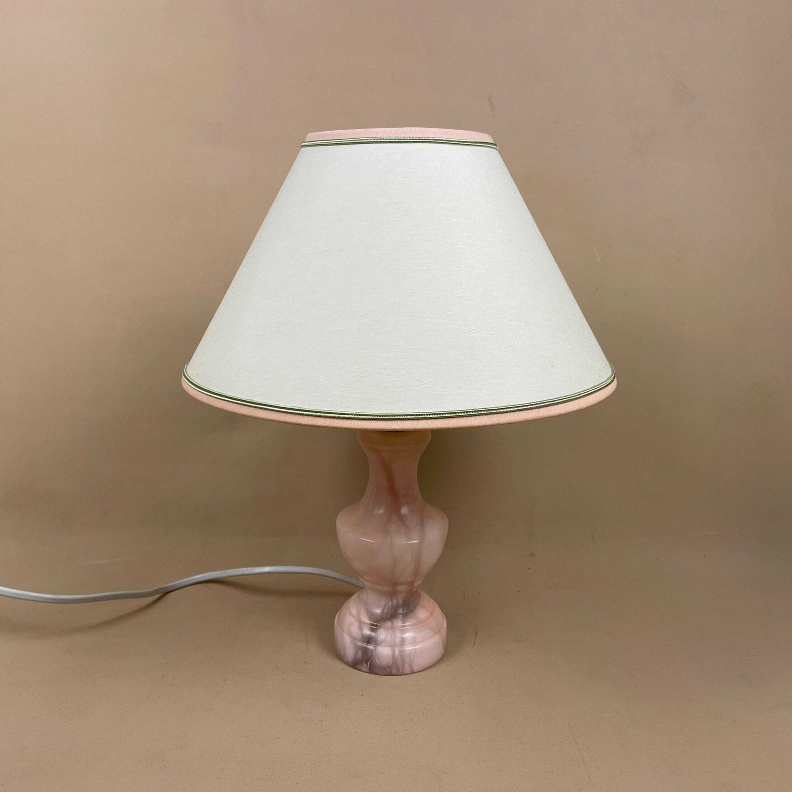 Antique Marble Lamp Light Bedside Side Table Desk Marbled Patterned Detail Vintage Pattern Stone Pillar Pink Cream Cone Lampshade Carved photo for sale
