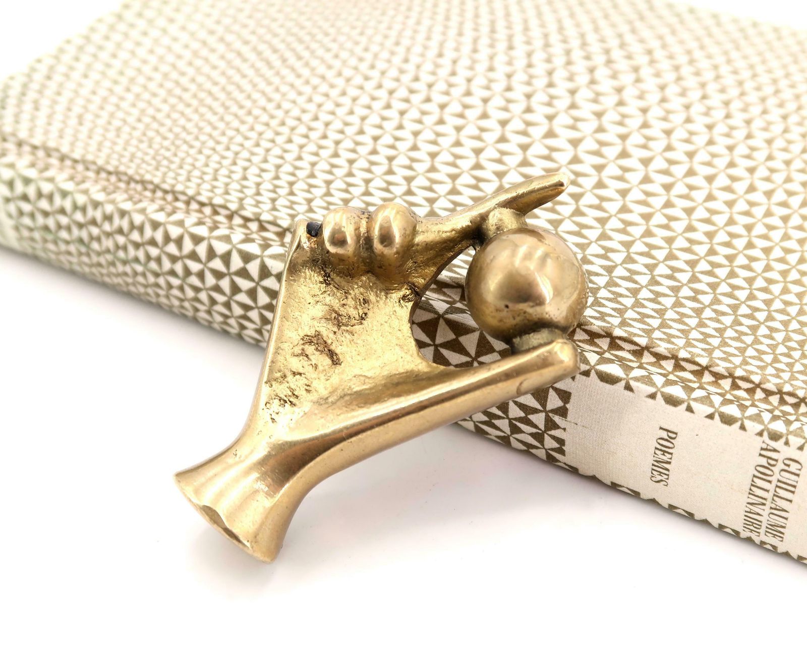 Brass Paperweight, Hand Holding A Sphere, 1950s / Talisman, Desk, Charm photo 176.0