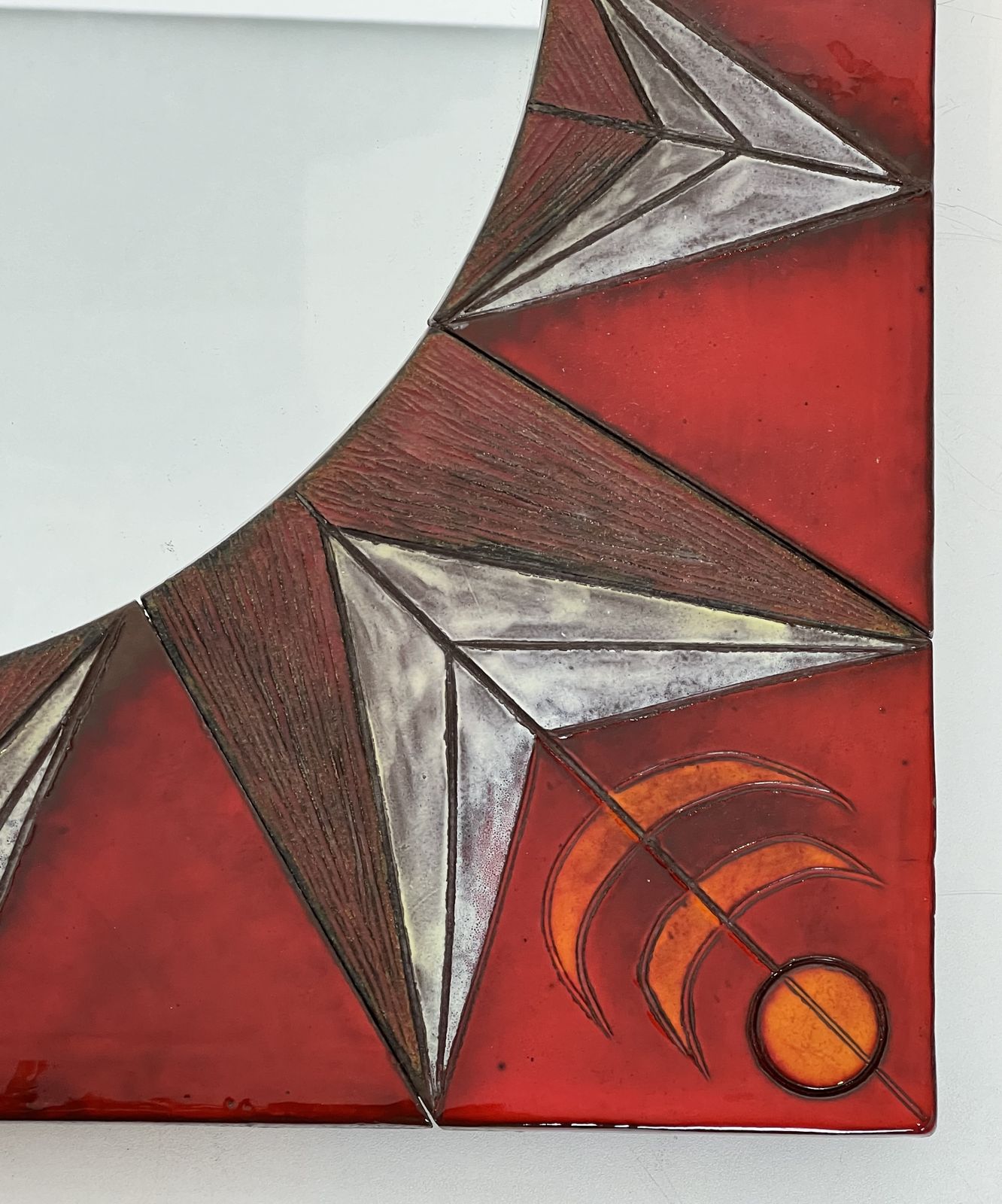 Home Decor Ceramic Mirror Depicting A Stylized Sun On A Red Background Attributed To Oswald Tiberghien photo