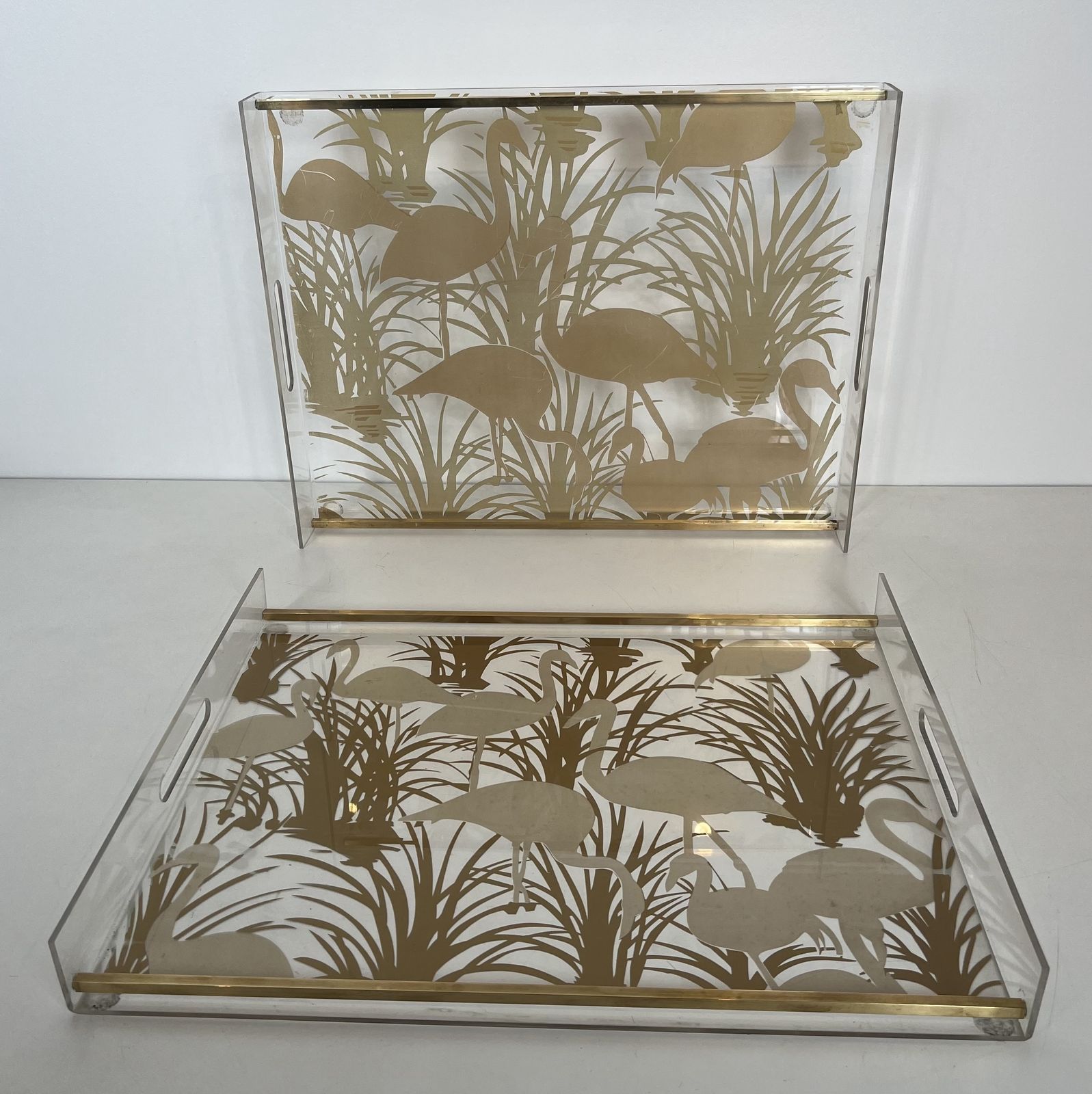 Pair Of Plexiglass And Brass Trays With Golden Bird Decor photo for sale