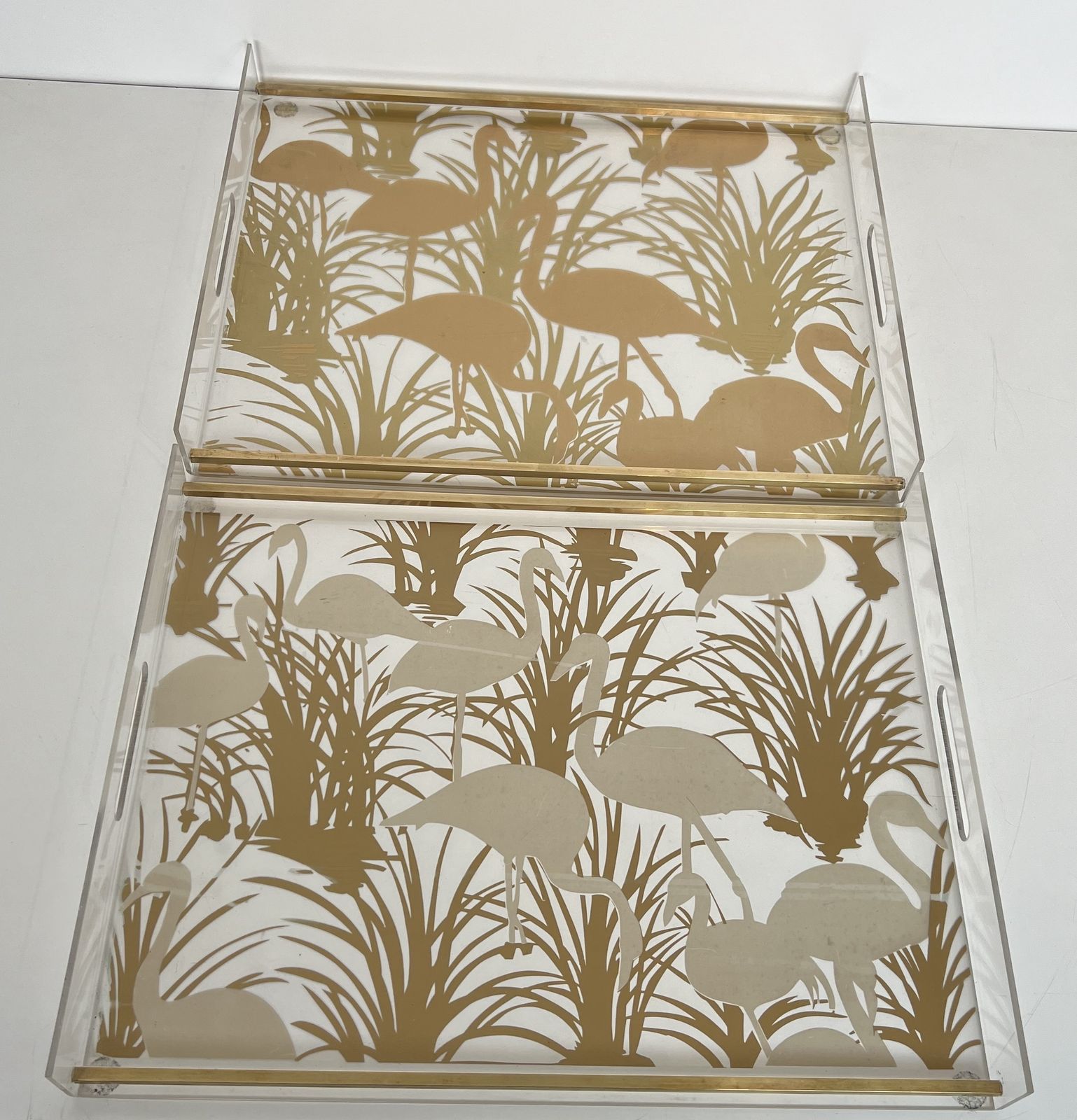 Pair Of Plexiglass And Brass Trays With Golden Bird Decor photo Home Decor