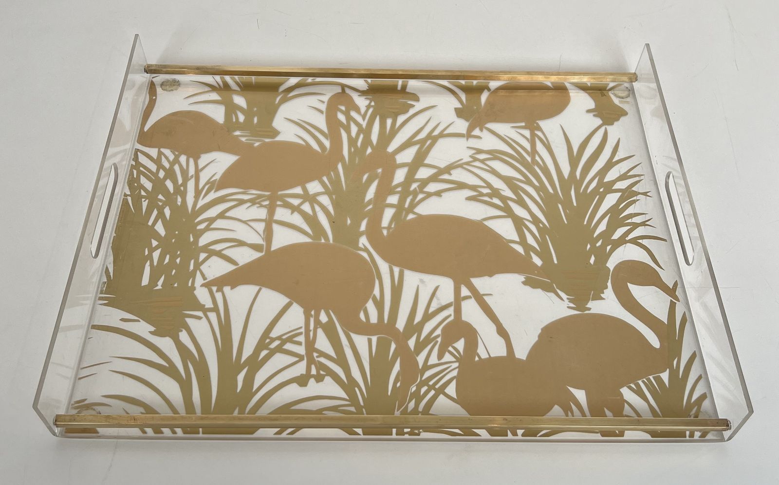 Pair Of Plexiglass And Brass Trays With Golden Bird Decor photo vintage