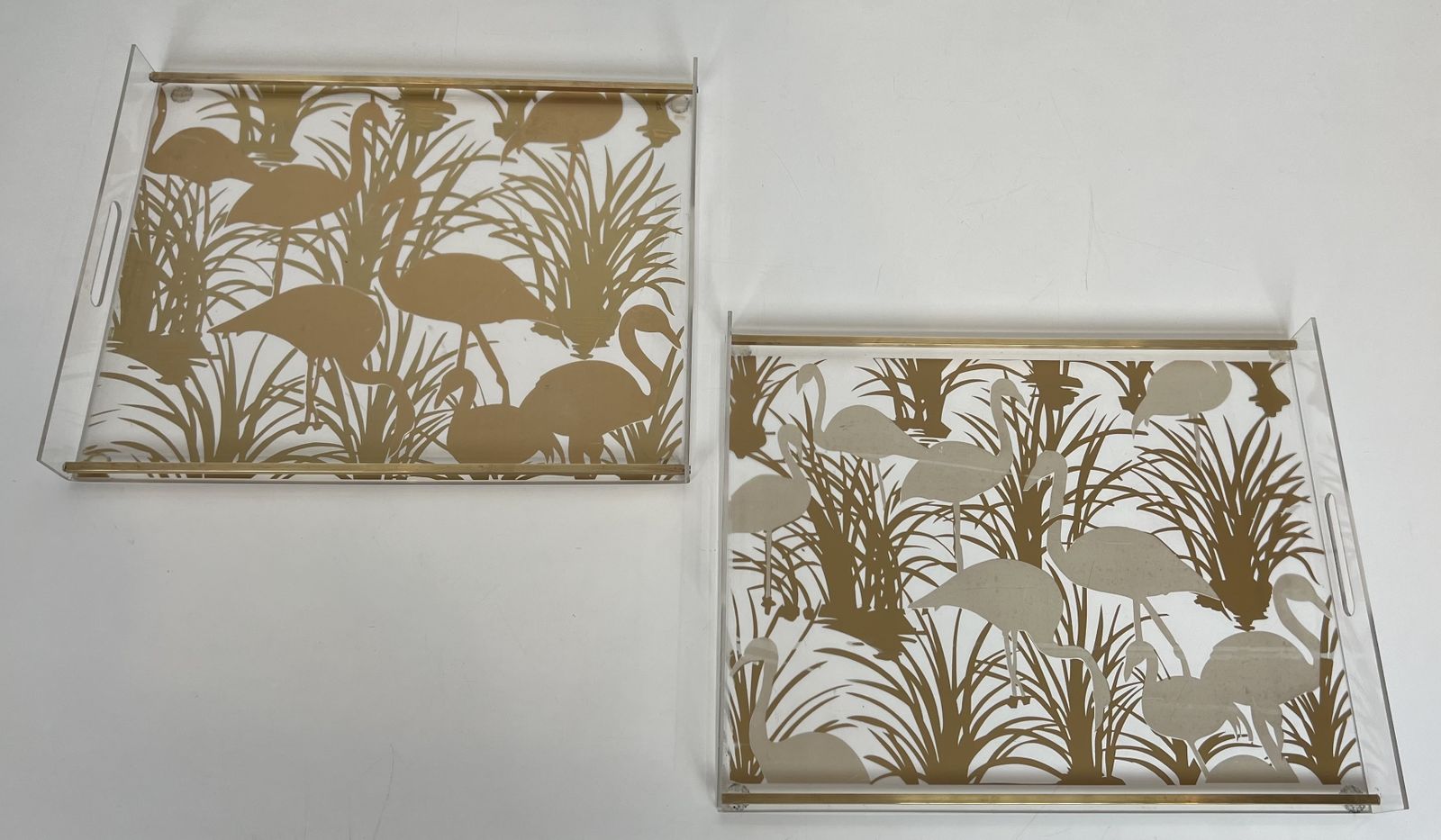 1250.0 Pair Of Plexiglass And Brass Trays With Golden Bird Decor photo