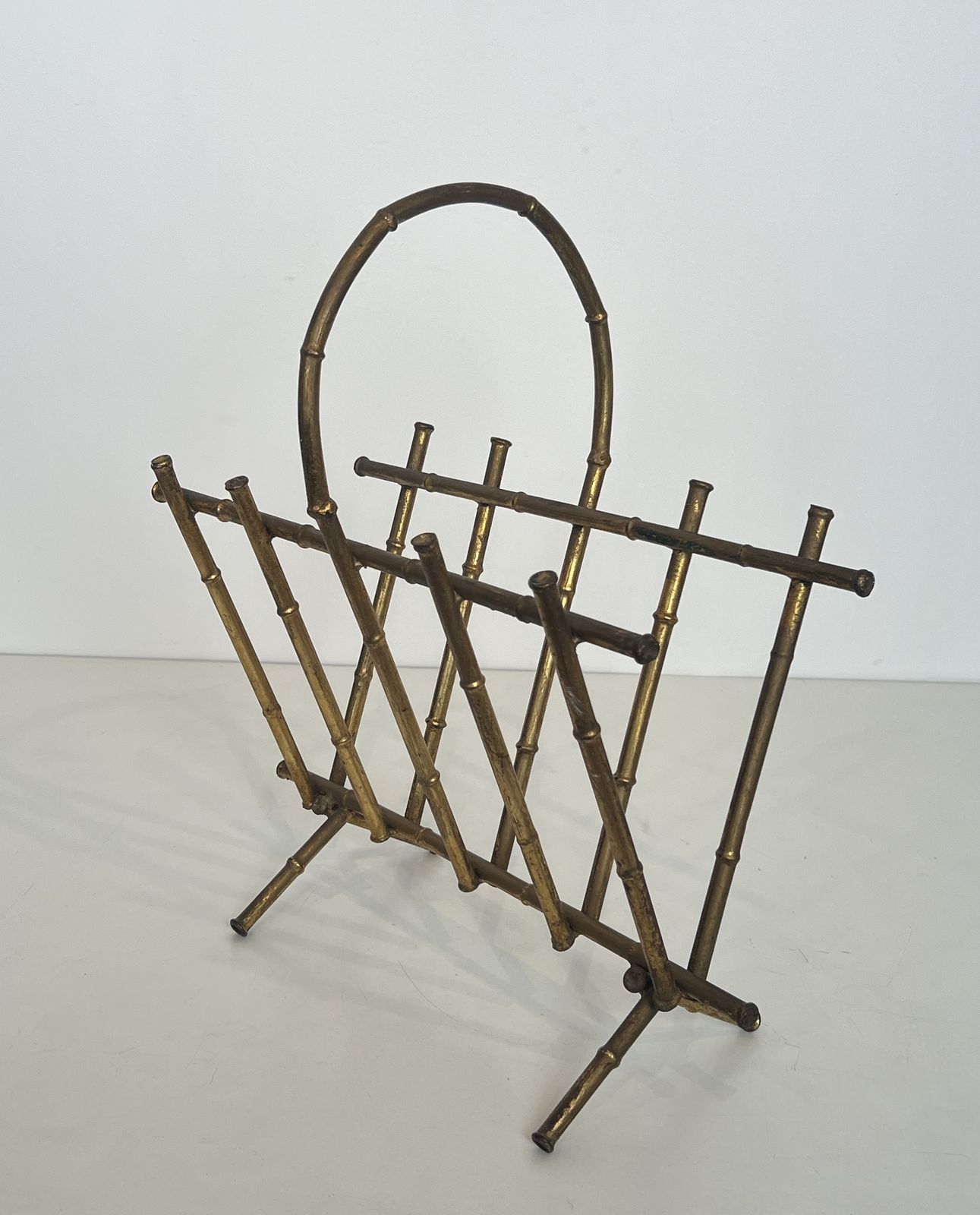 Faux Bamboo Style Gold Metal Magazine Rack Attributed To Maison Baguès
