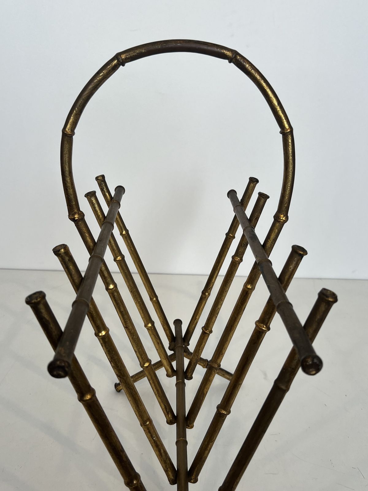 Faux Bamboo Style Gold Metal Magazine Rack Attributed To Maison Baguès photo 850.0