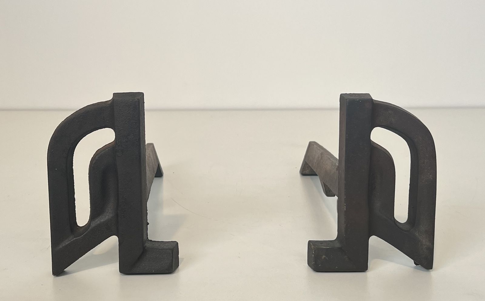 Pair Of Small Modernist Cast Iron And Wrought Iron Andirons