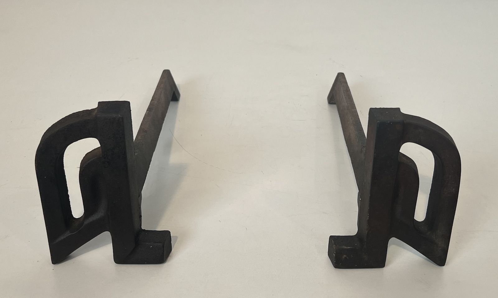 Pair Of Small Modernist Cast Iron And Wrought Iron Andirons photo for sale