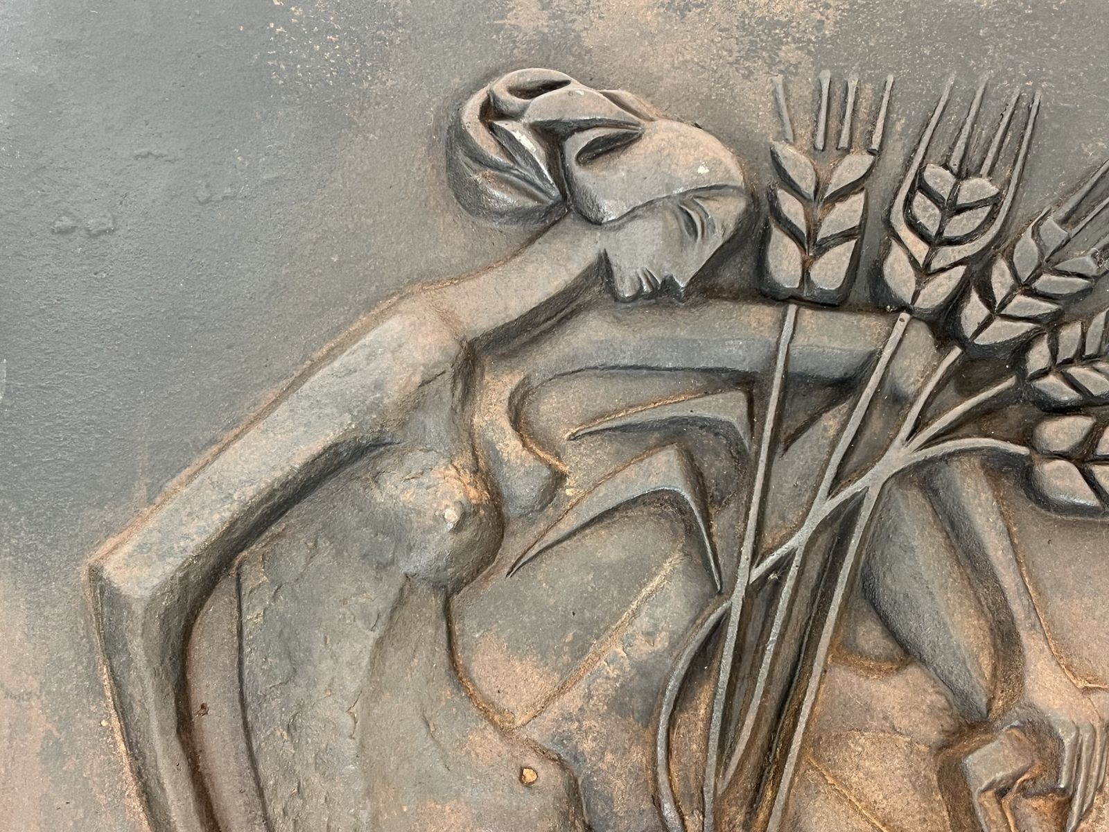 Modernist Cast Iron Fireplace Plate Depicting A Nude Woman Holding A Scythe And Ears Of Wheat photo 1250.0