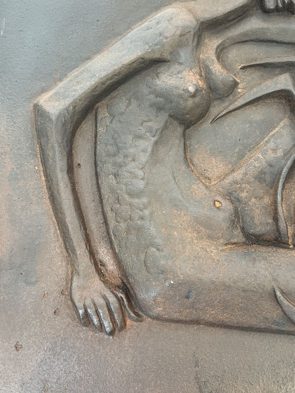 photo buy Modernist Cast Iron Fireplace Plate Depicting A Nude Woman Holding A Scythe And Ears Of Wheat